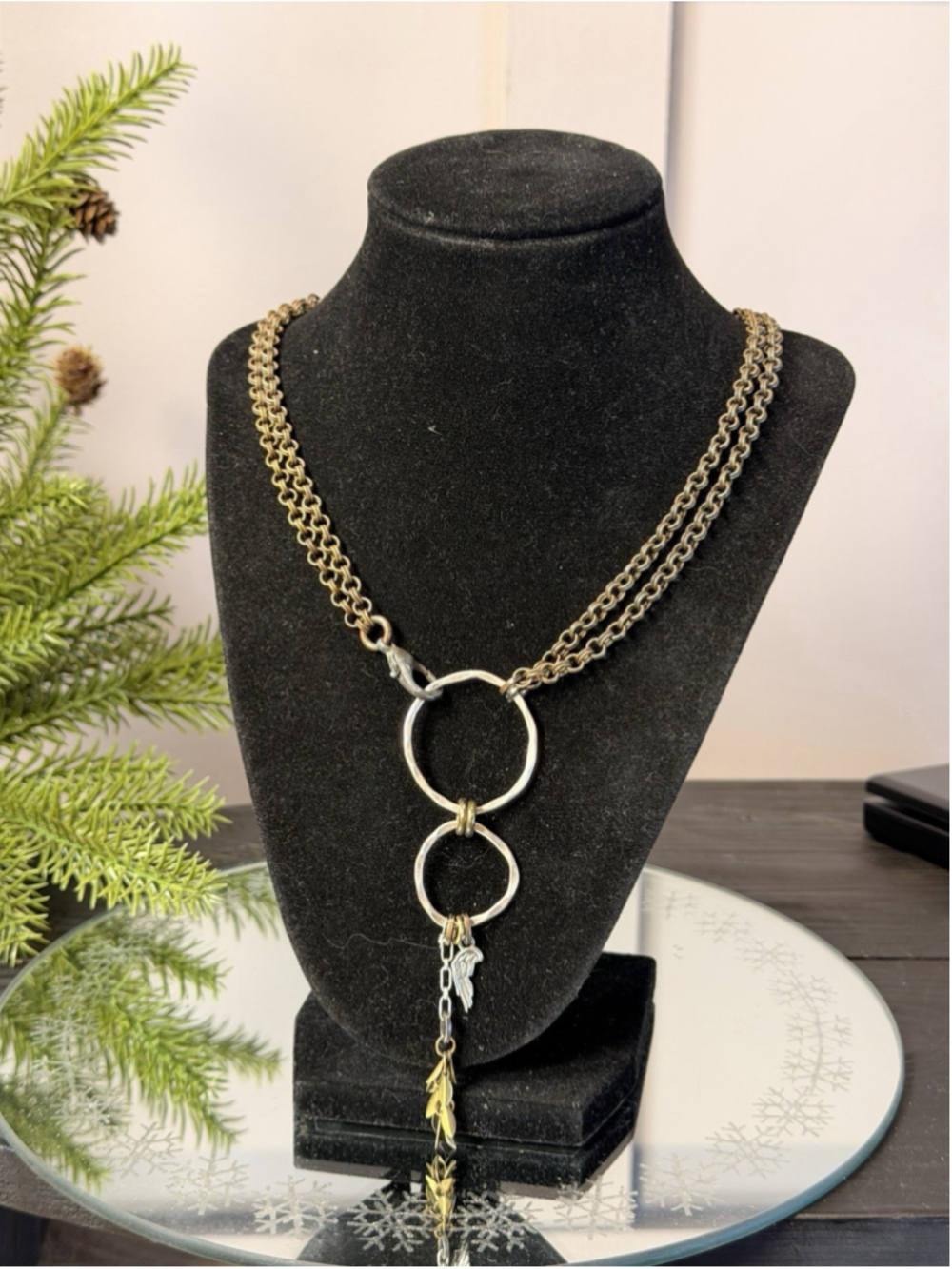 Mixed metal necklace antiqued brass rolo chains 925 silver dual-ring pendant